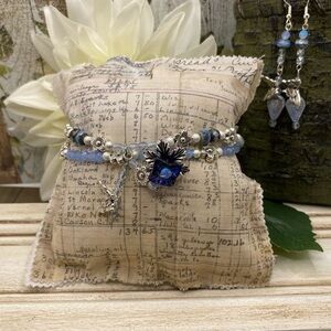 Hand Crafted Floral Butterfly Blue and Silver Double Strand Bracelet Gift Set